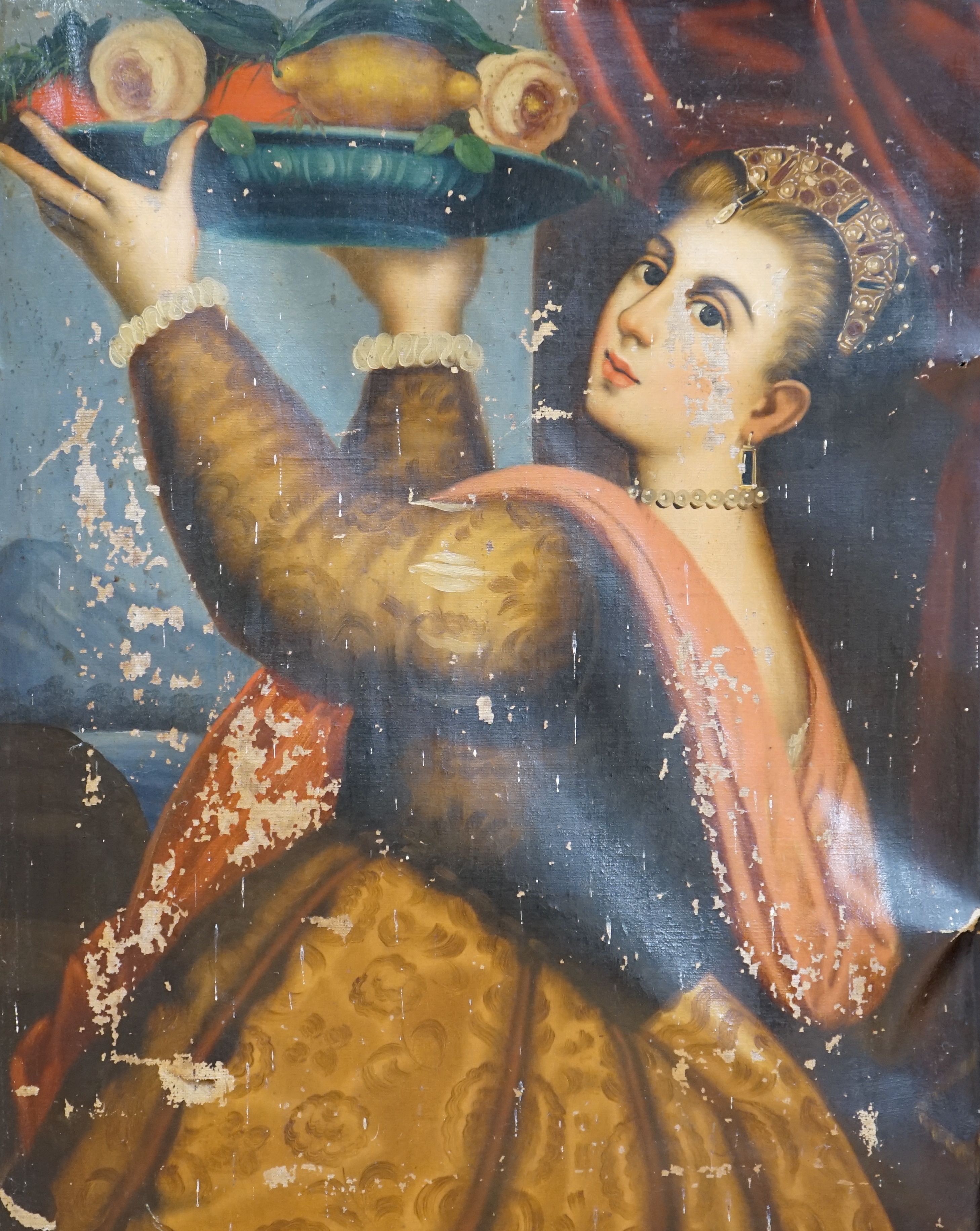 Italian School, oil on canvas, Woman holding aloft a bowl of fruit, 62 x 48cm